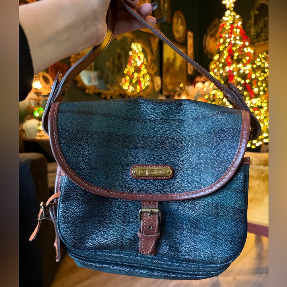 RALPH LAUREN Green Tartan Plaid Multi-Pocket Tote Crossbody Shoulder Bag